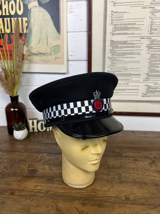 Vintage Ex British Police Black Peak Cap 61cm Obsolete Essex Badge Collector Film Prop Display