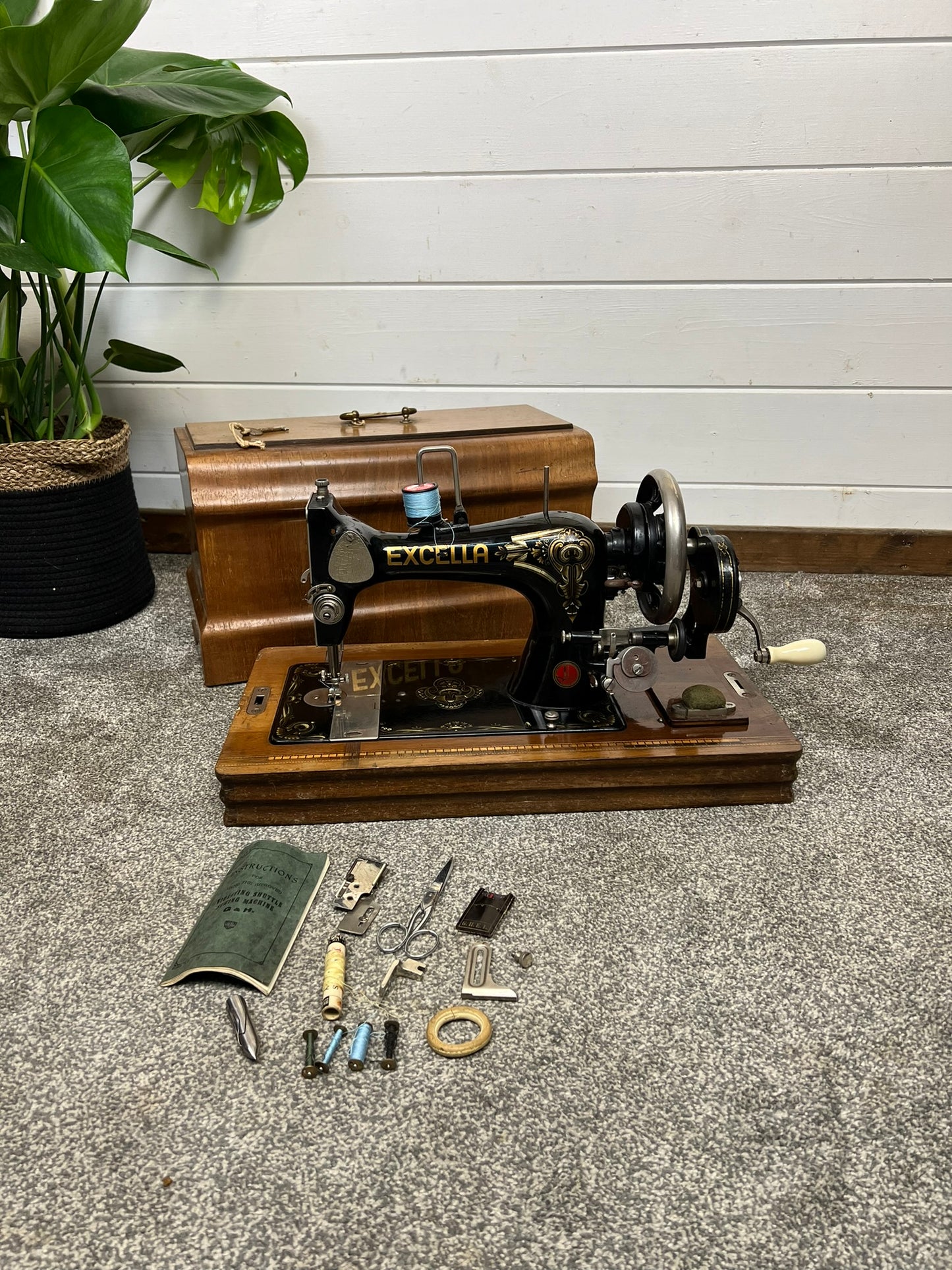 Vintage Excella Sewing Machine Hand Crank German Made Wooden Case & Key Vintage Home Retail Display