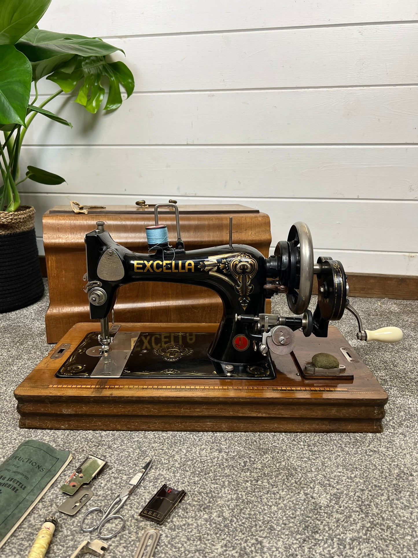 Vintage Excella Sewing Machine Hand Crank German Made Wooden Case & Key Vintage Home Retail Display