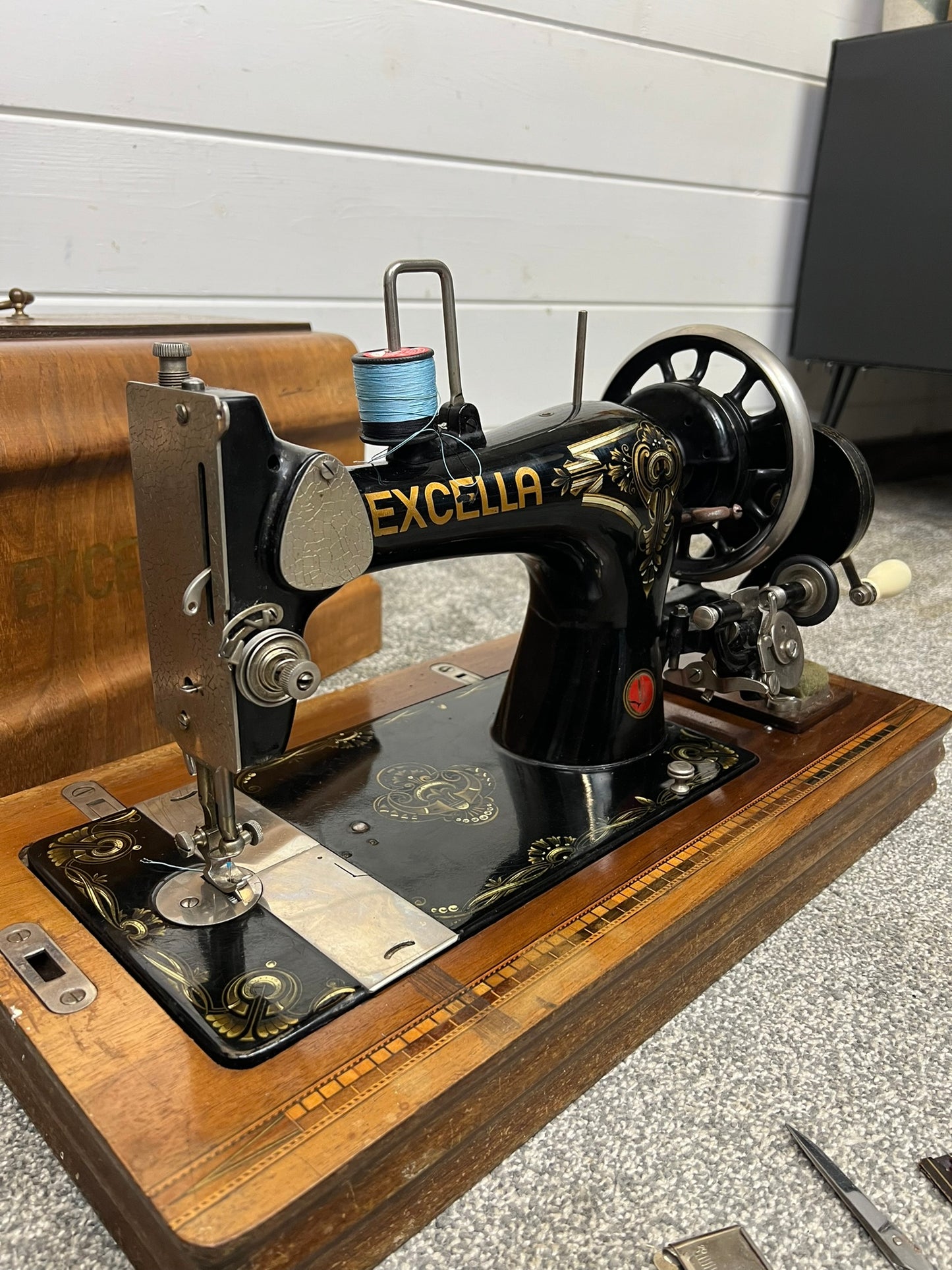 Vintage Excella Sewing Machine Hand Crank German Made Wooden Case & Key Vintage Home Retail Display