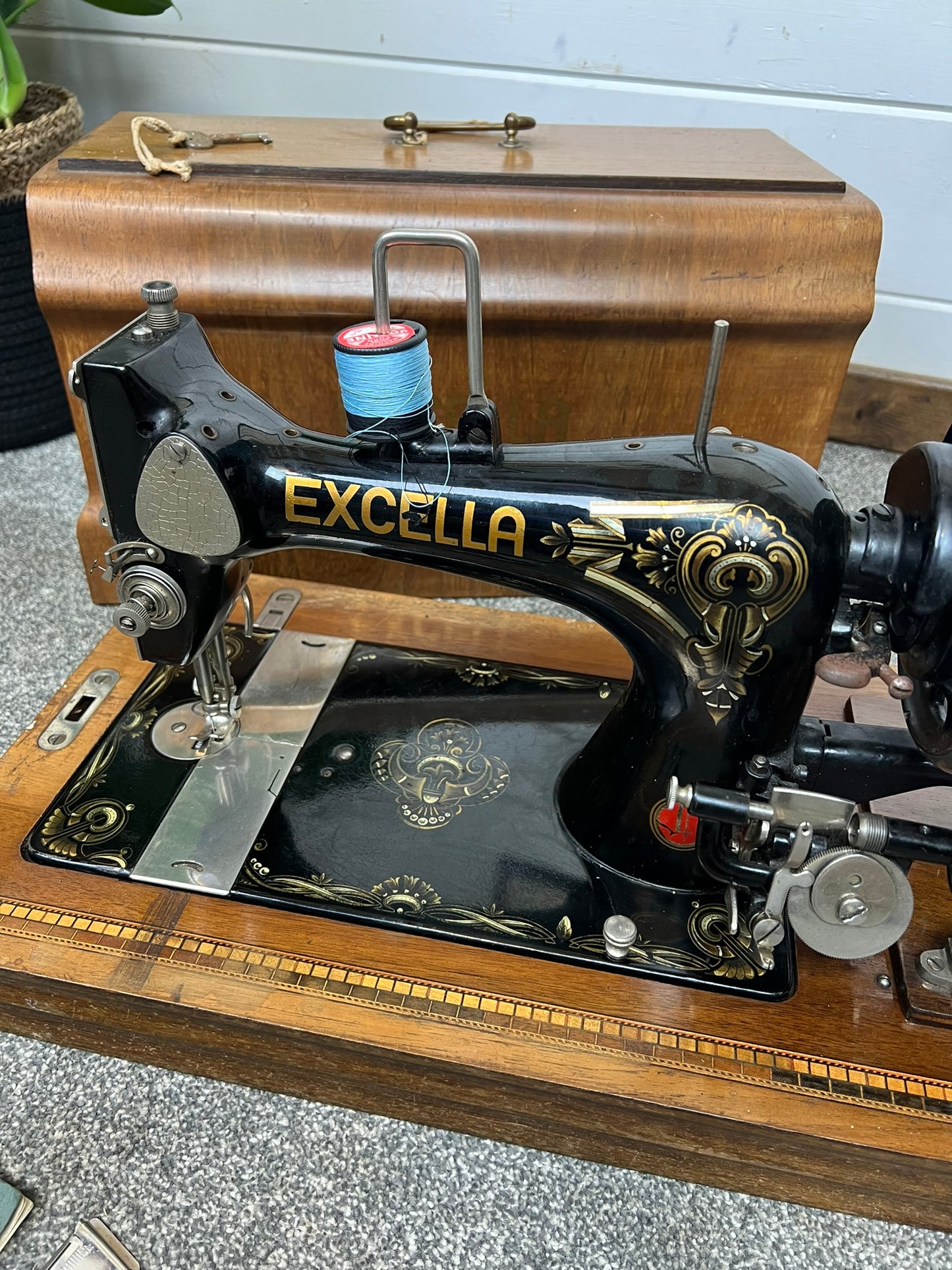 Vintage Excella Sewing Machine Hand Crank German Made Wooden Case & Key Vintage Home Retail Display