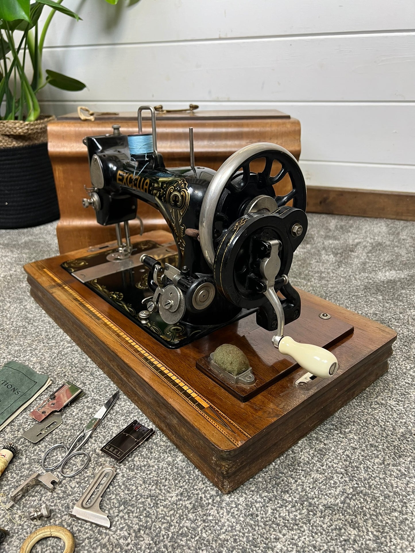 Vintage Excella Sewing Machine Hand Crank German Made Wooden Case & Key Vintage Home Retail Display