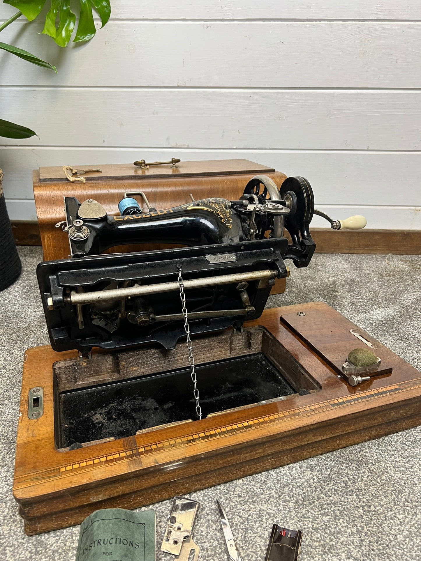 Vintage Excella Sewing Machine Hand Crank German Made Wooden Case & Key Vintage Home Retail Display