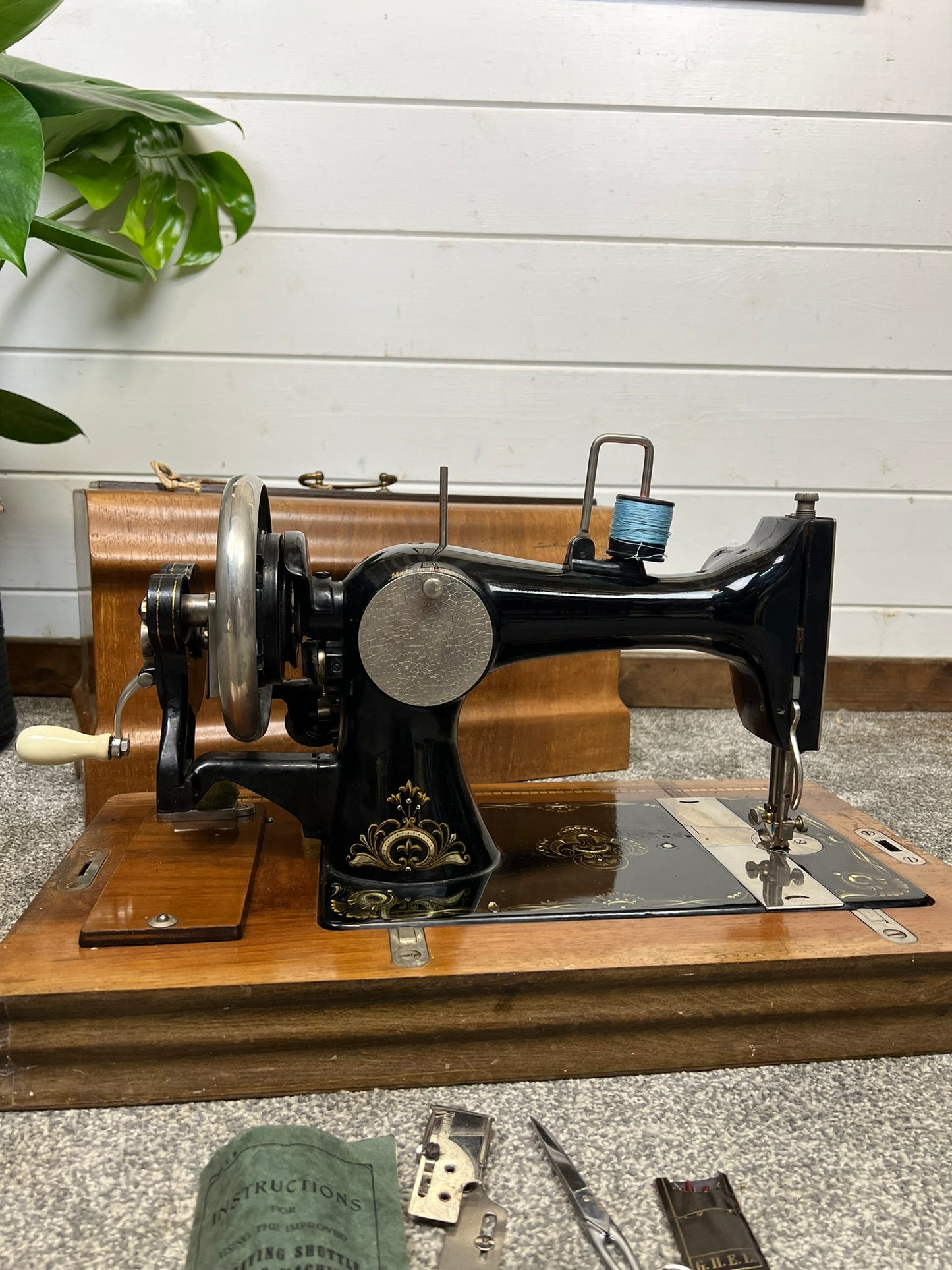 Vintage Excella Sewing Machine Hand Crank German Made Wooden Case & Key Vintage Home Retail Display