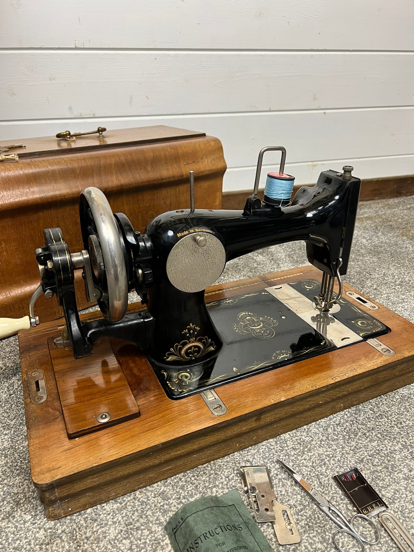 Vintage Excella Sewing Machine Hand Crank German Made Wooden Case & Key Vintage Home Retail Display