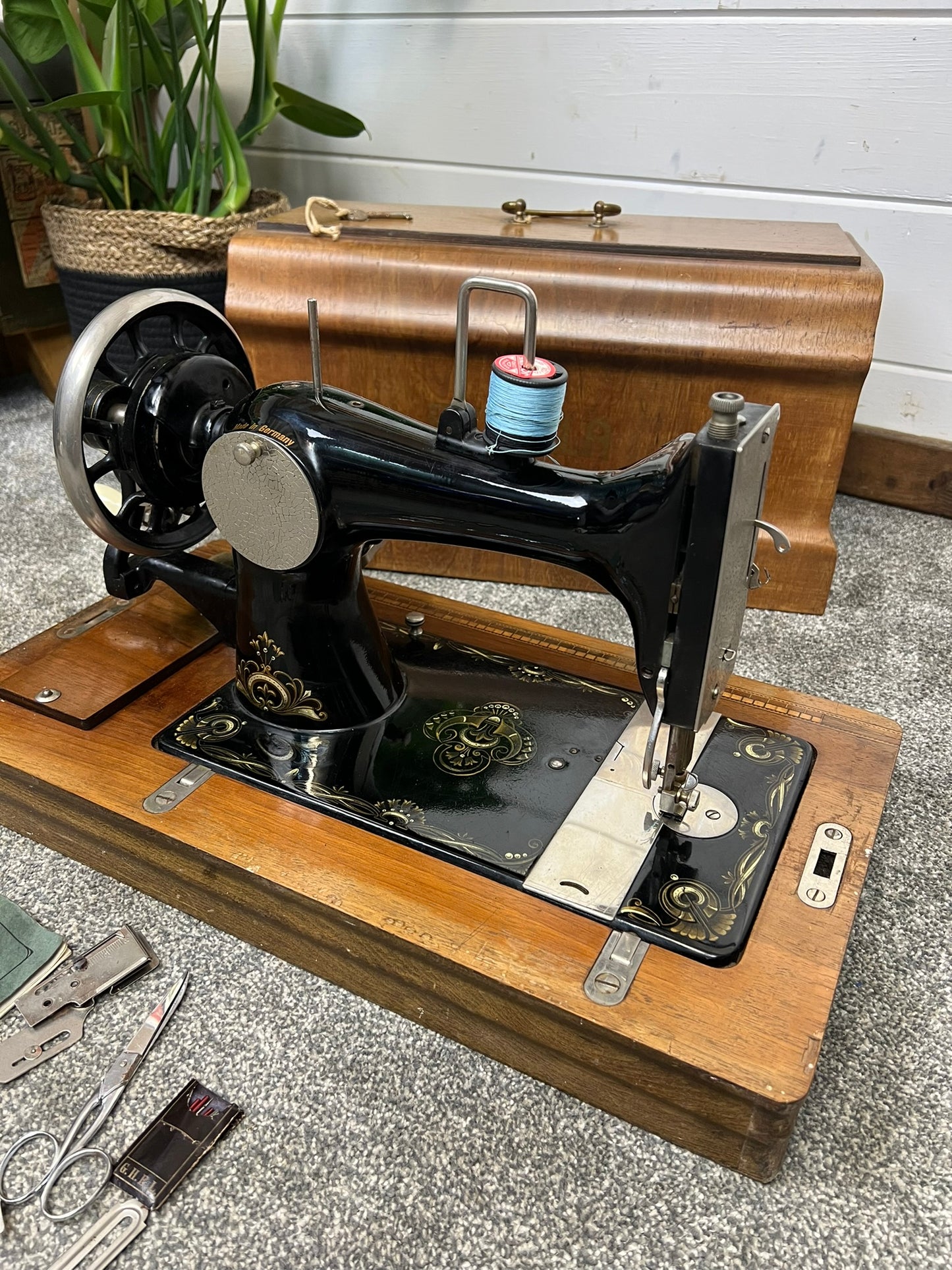 Vintage Excella Sewing Machine Hand Crank German Made Wooden Case & Key Vintage Home Retail Display