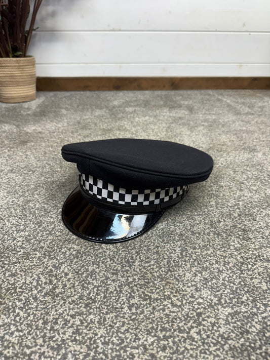 Ex Police Black Peak Cap Checked Band Collector Film TV Fancy Dress Prop