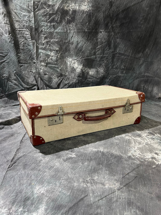 Vintage Military Canvas & Leather Suitcase Trunk Case Dated 1981 Army Boho Rustic Home Décor