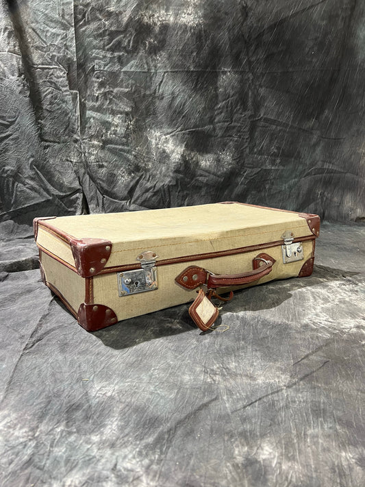 Vintage Military Canvas & Leather Suitcase Trunk Case Dated 1992 Army Boho Rustic Home Décor