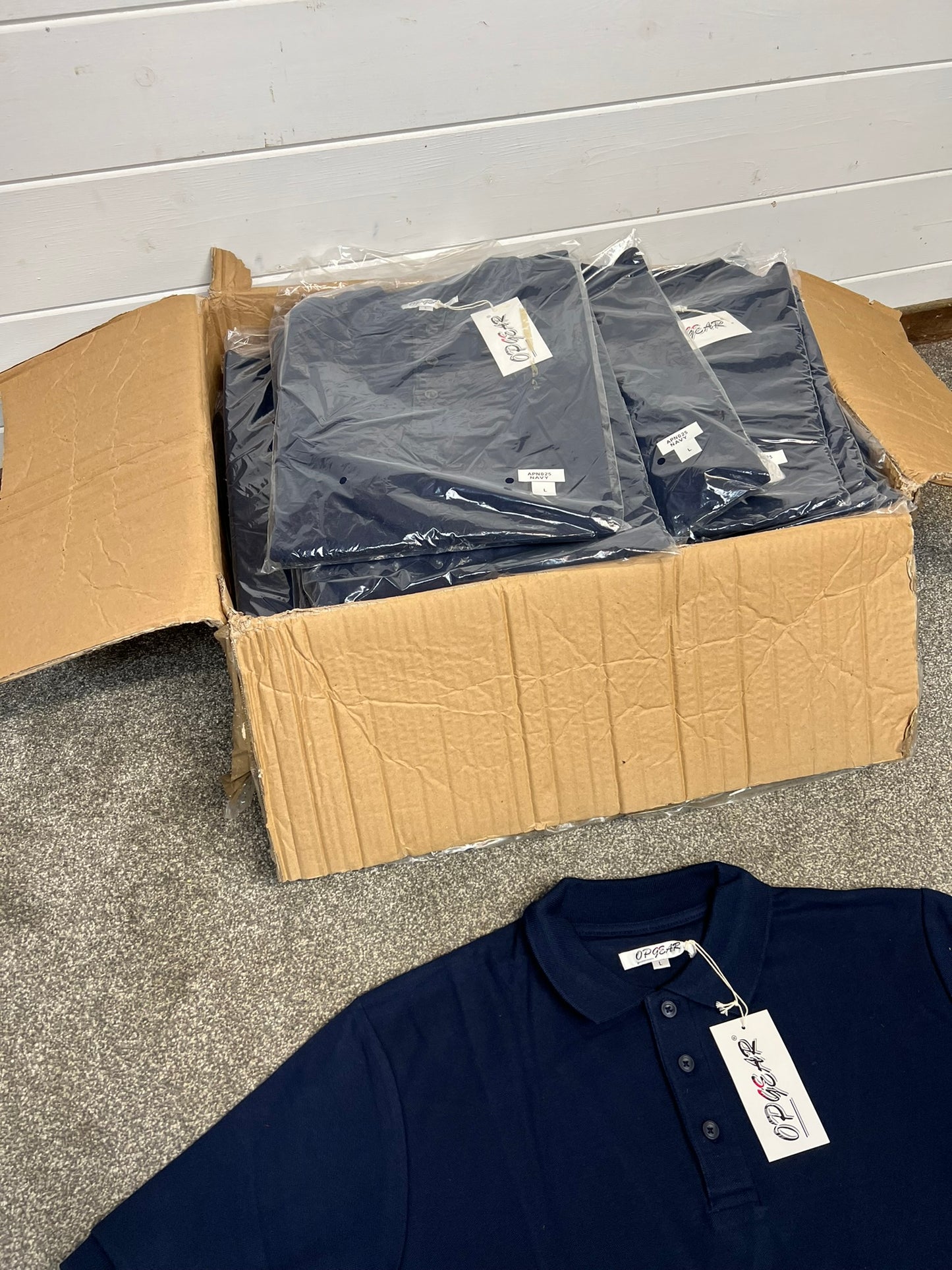 Box of 36x Navy Blue Polo Shirts T-Shirt Job Lot Wholesale NEW - LARGE Resale Printing Car Boot Stock