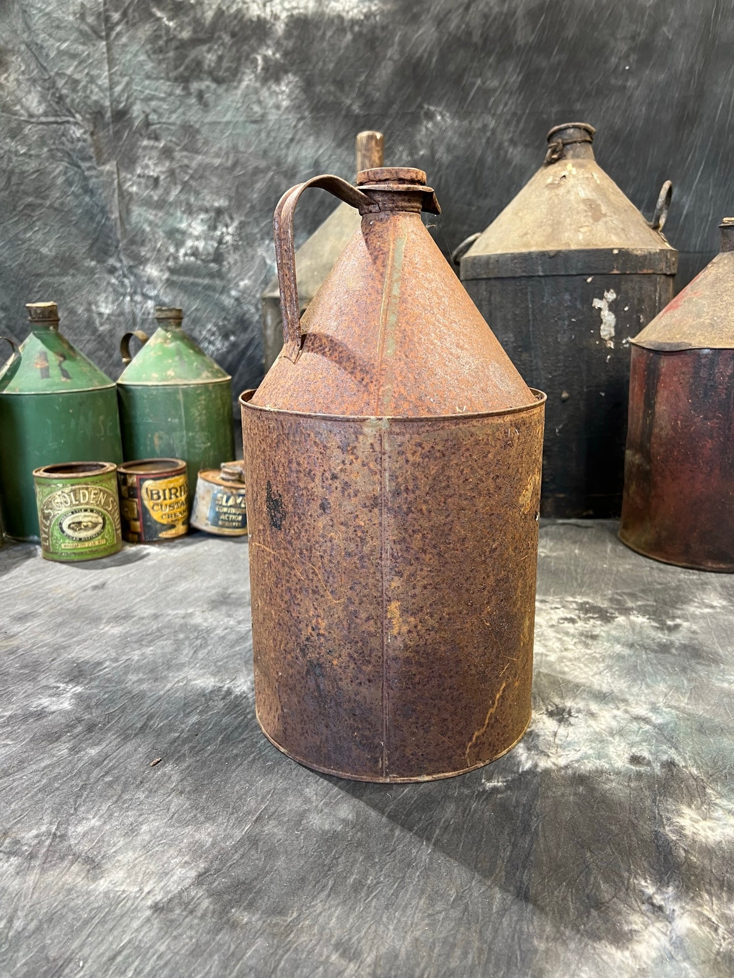 Vintage Metal Tin Can Rustic Industrial Garage Shelf Farmhouse Patina Decor Display