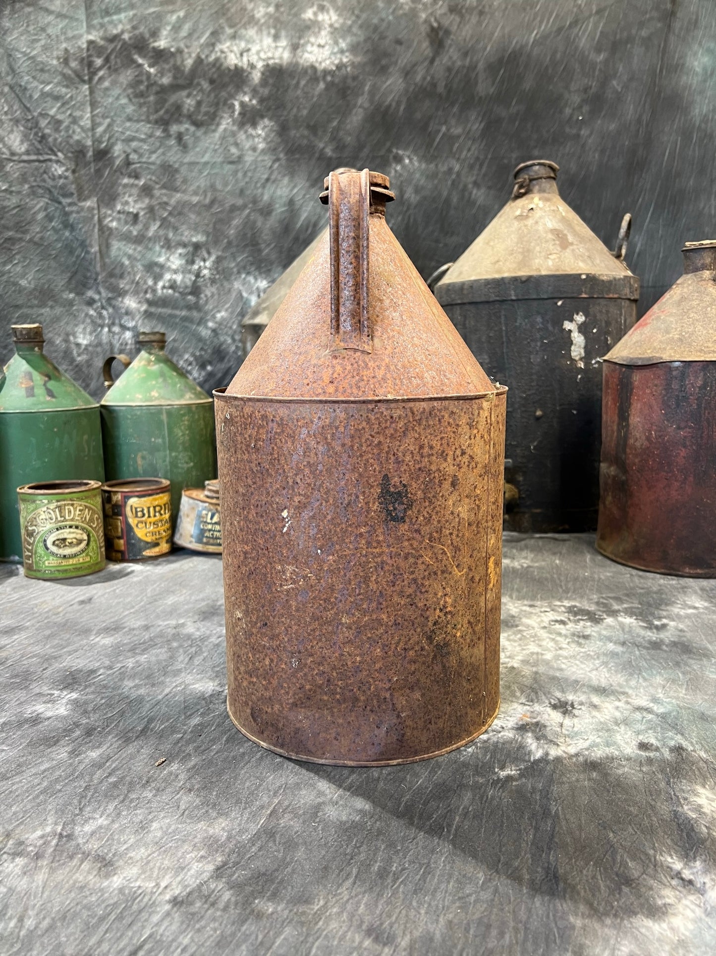 Vintage Metal Tin Can Rustic Industrial Garage Shelf Farmhouse Patina Decor Display