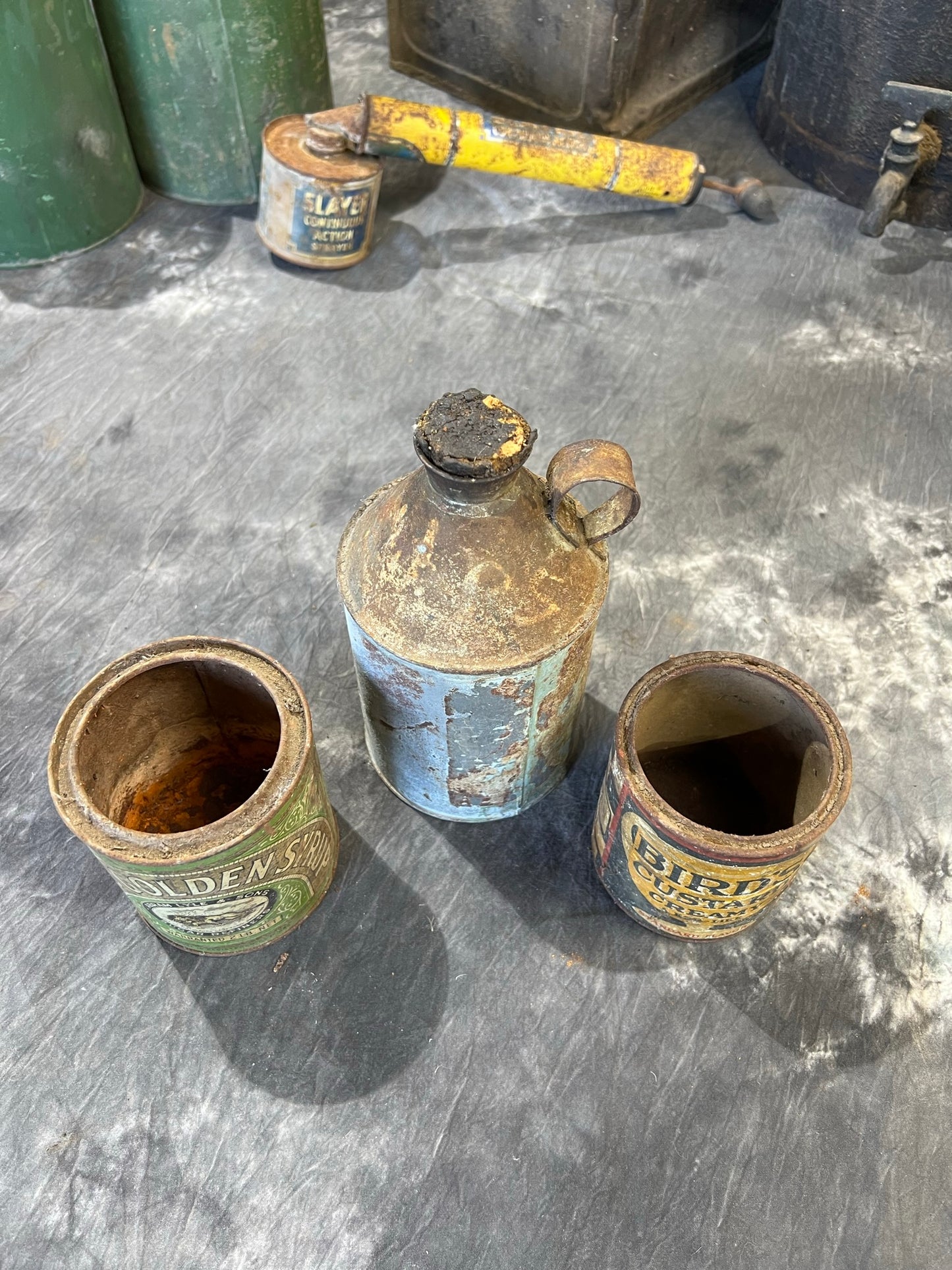 3x Vintage Metal Tin Cans Birds Custard Lyles Syrup Old Advertising Rustic Decor Display