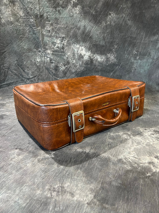 Vintage Brown Leather Suitcase Motor Luggage Retro Travel Trunk Boho Décor Display