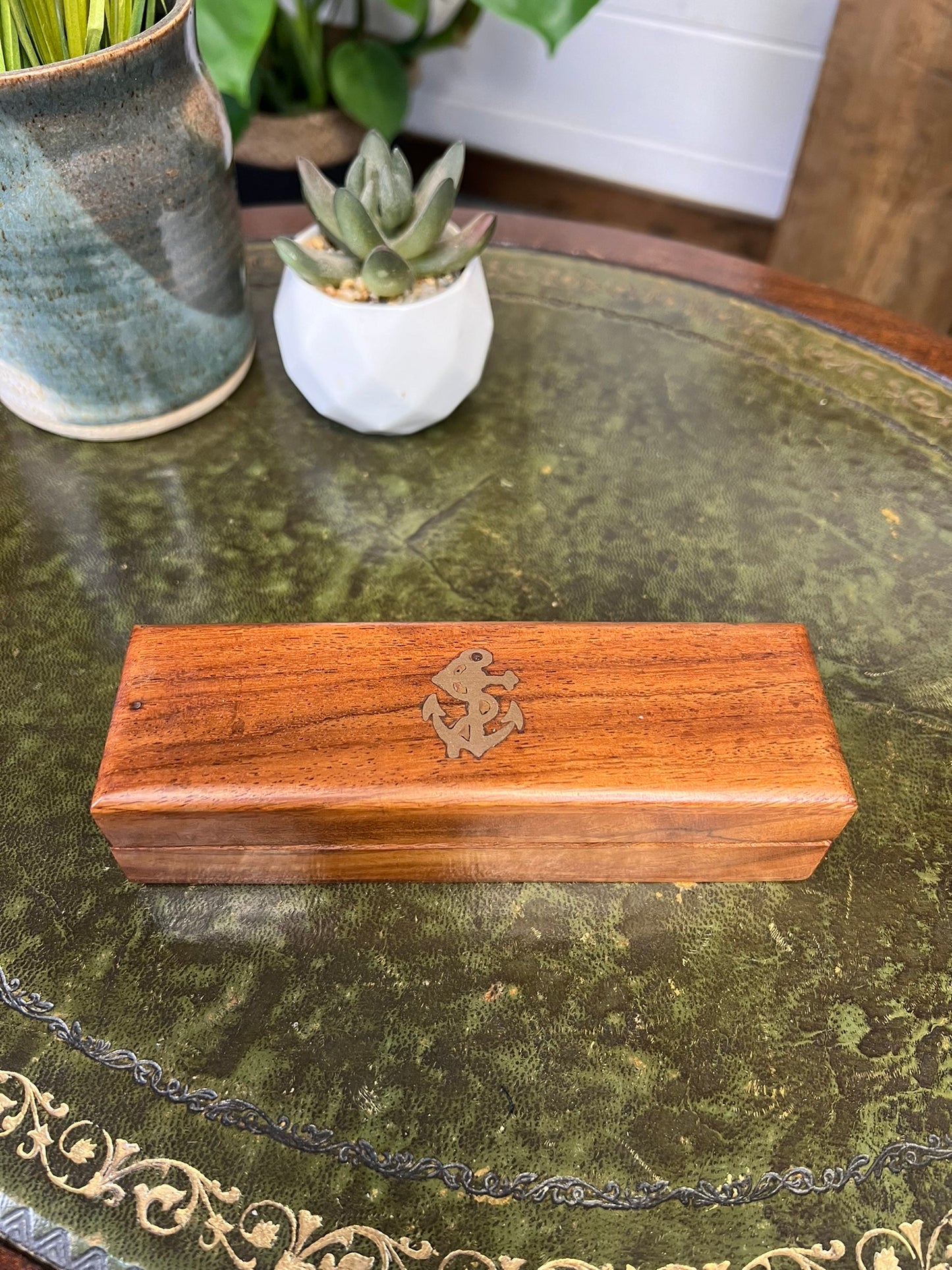 Vintage Royal Navy Wooden Storage Box Brass Inlay Anchor Nautical Maritime Watch Box