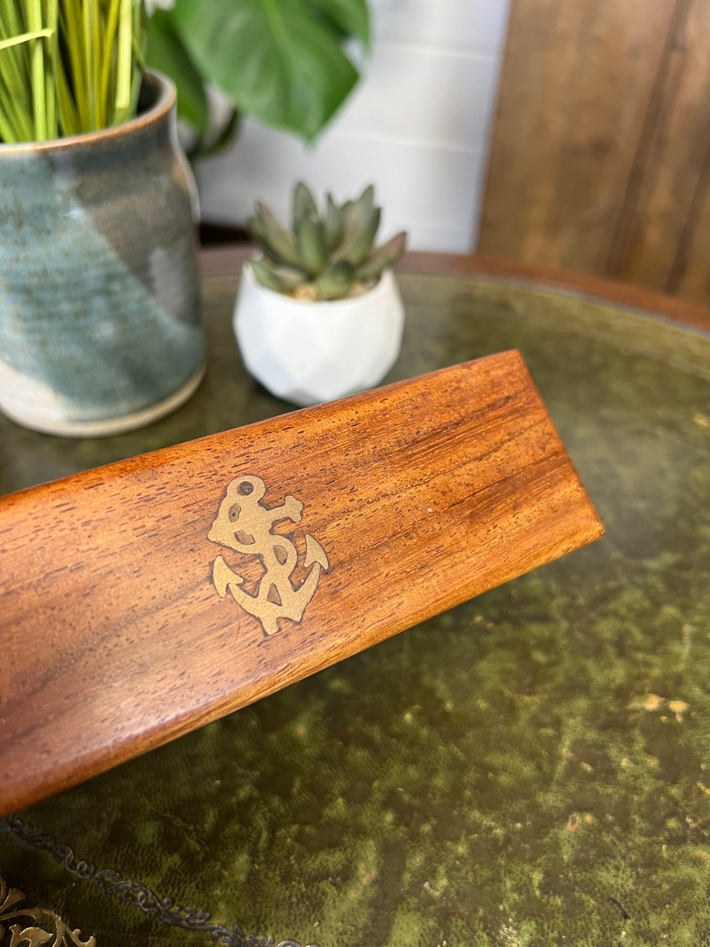 Vintage Royal Navy Wooden Storage Box Brass Inlay Anchor Nautical Maritime Watch Box