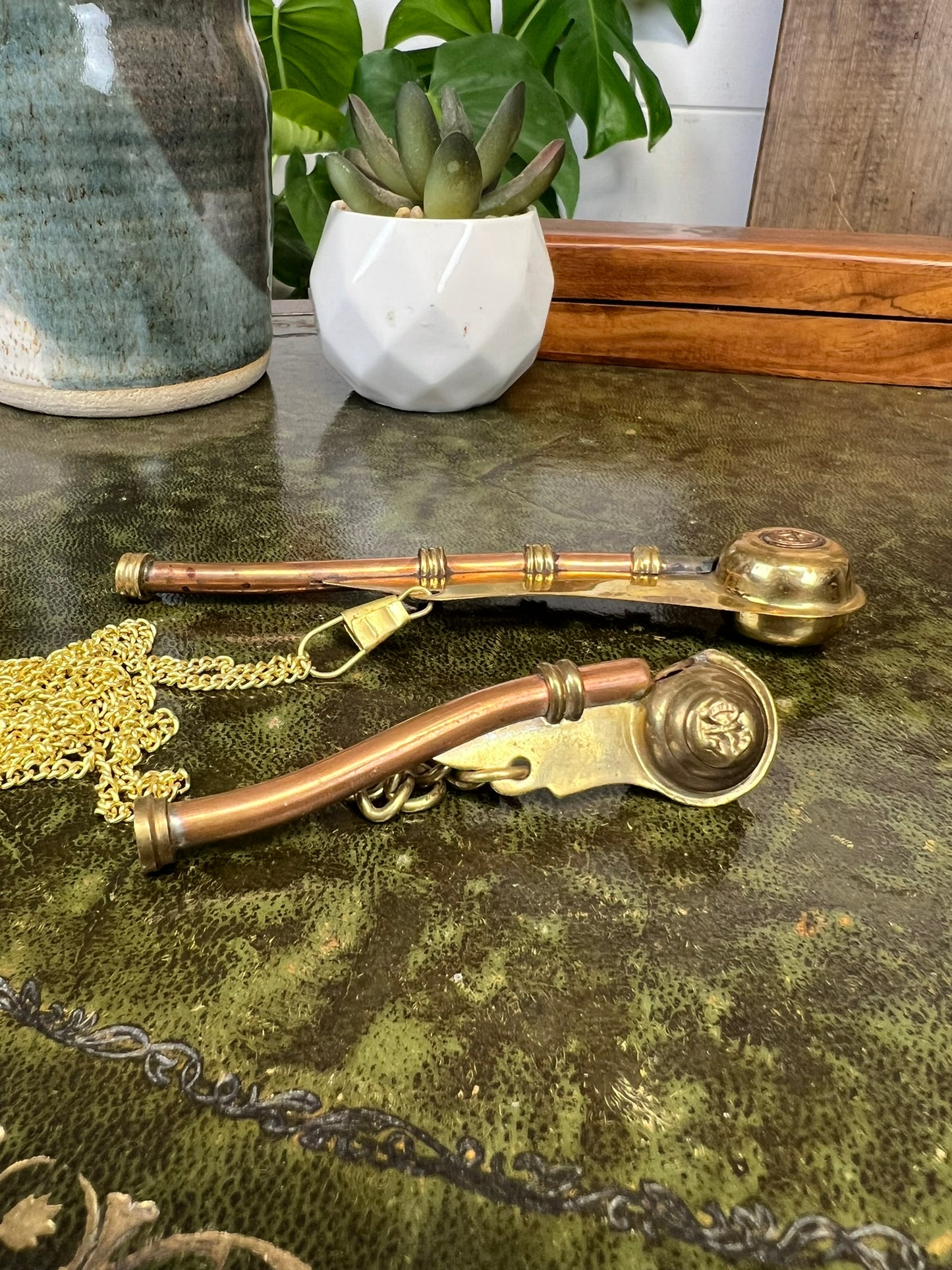 2x Vintage Brass & Copper Boatswain's Bosun’s Whistle Pipe Royal Navy Nautical