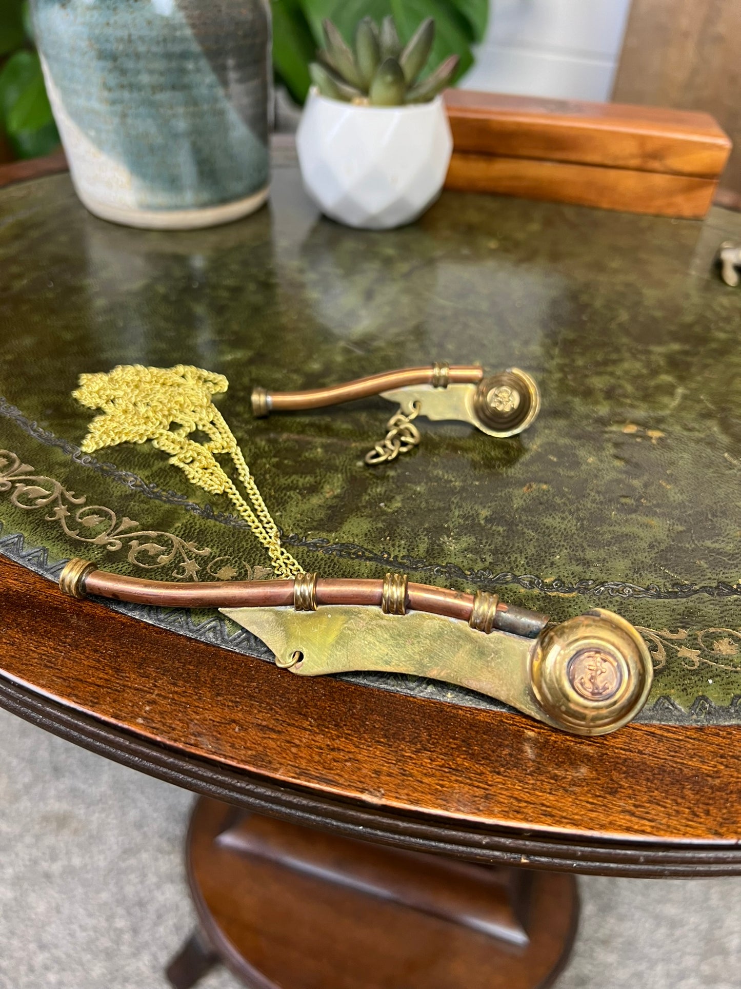 2x Vintage Brass & Copper Boatswain's Bosun’s Whistle Pipe Royal Navy Nautical