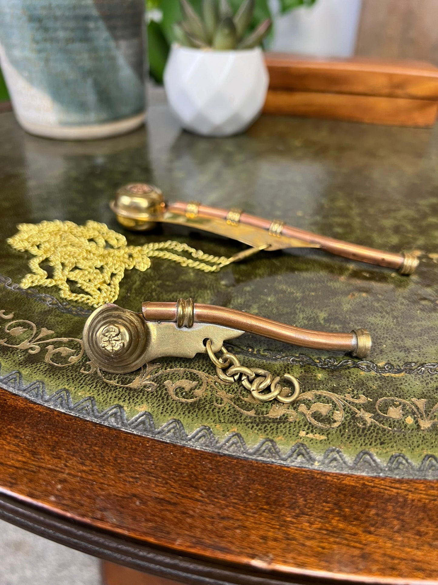 2x Vintage Brass & Copper Boatswain's Bosun’s Whistle Pipe Royal Navy Nautical