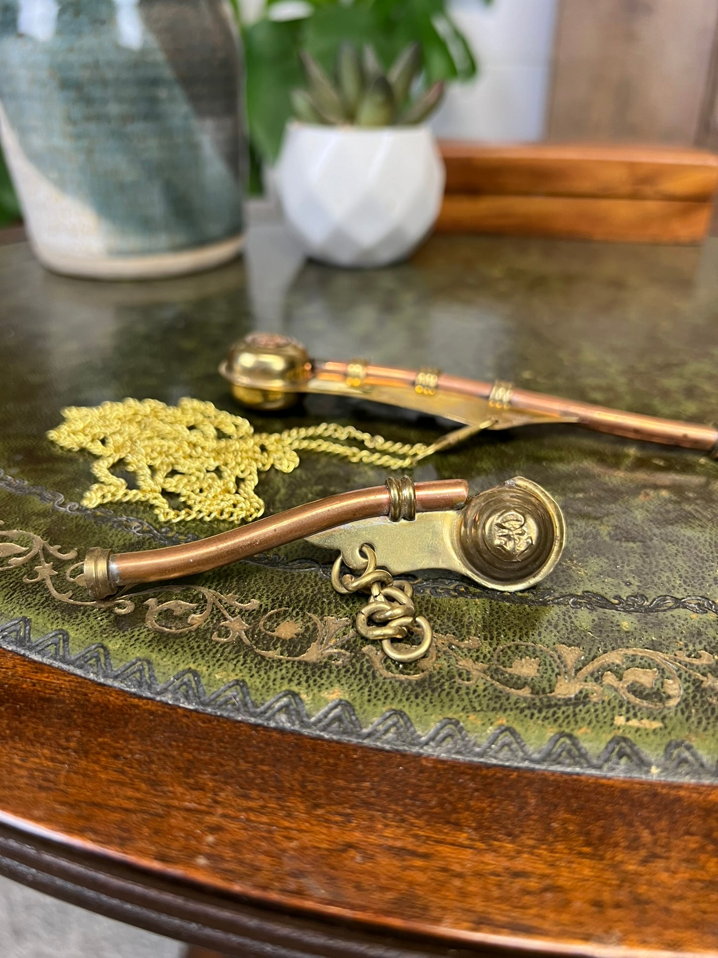 2x Vintage Brass & Copper Boatswain's Bosun’s Whistle Pipe Royal Navy Nautical