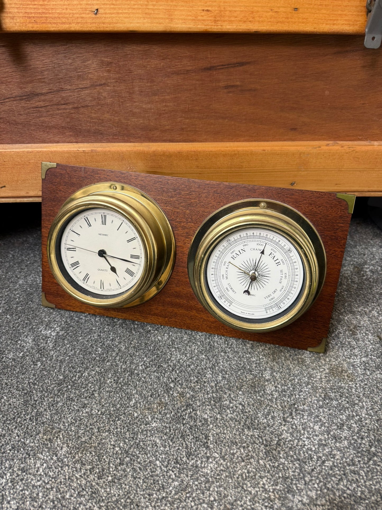 Vintage Metamec Ships Clock and Barometer On Wooden Plinth