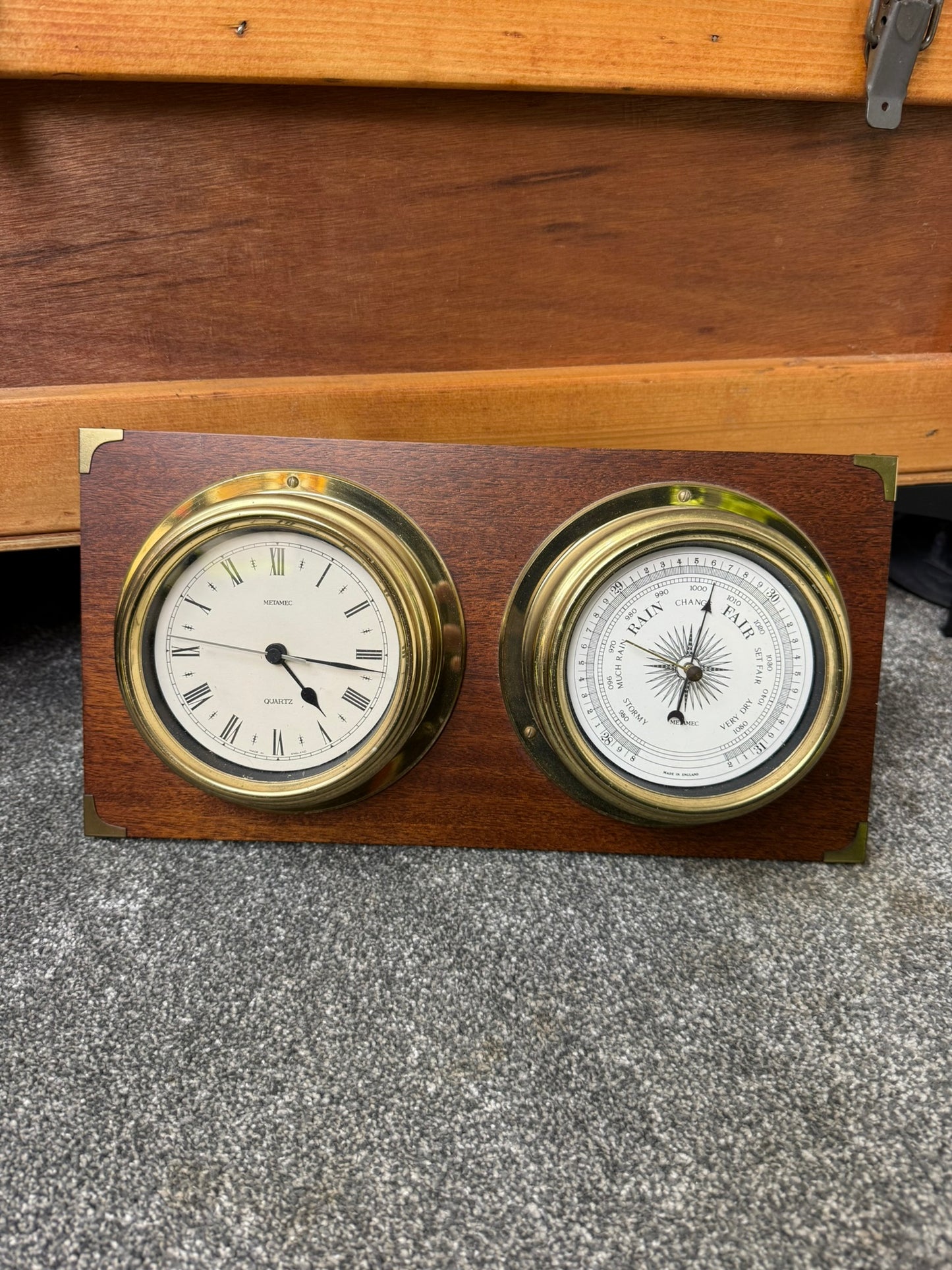 Vintage Metamec Ships Clock and Barometer On Wooden Plinth