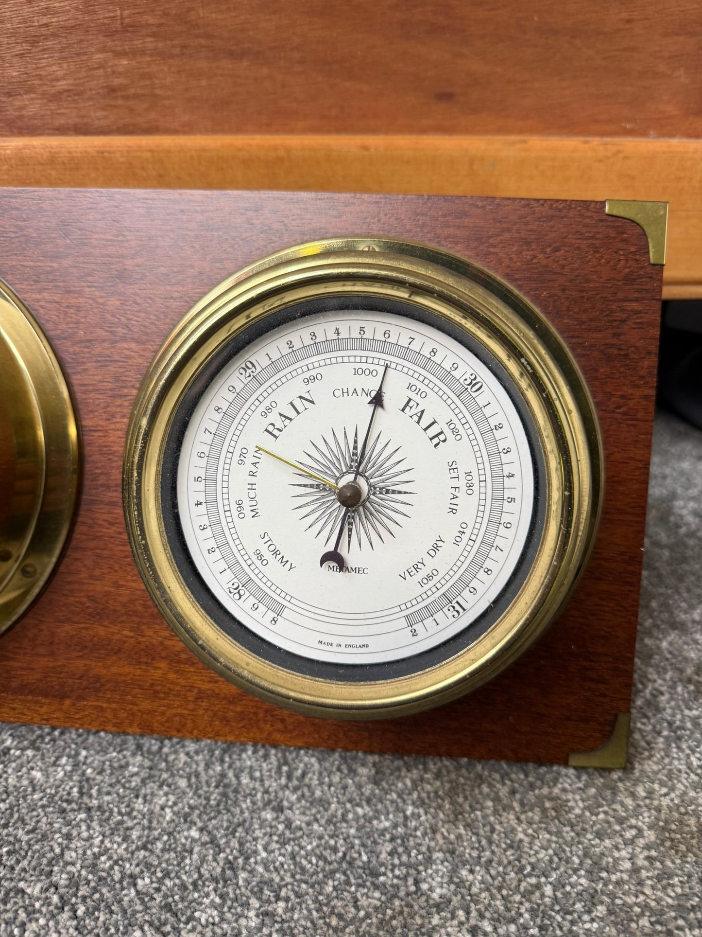 Vintage Metamec Ships Clock and Barometer On Wooden Plinth