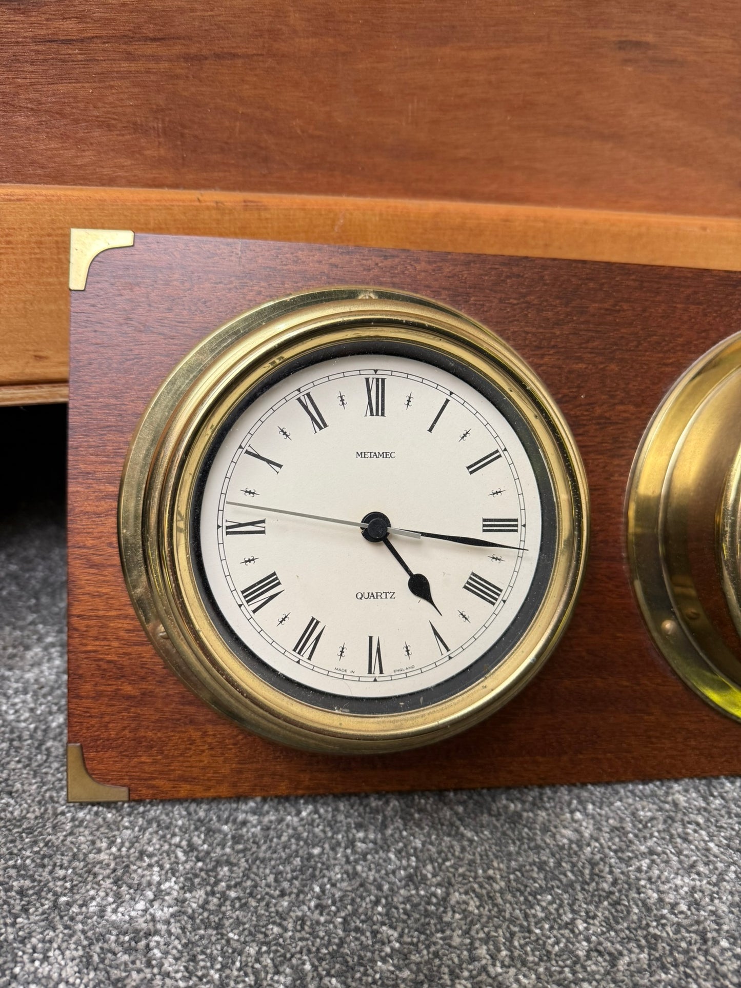 Vintage Metamec Ships Clock and Barometer On Wooden Plinth