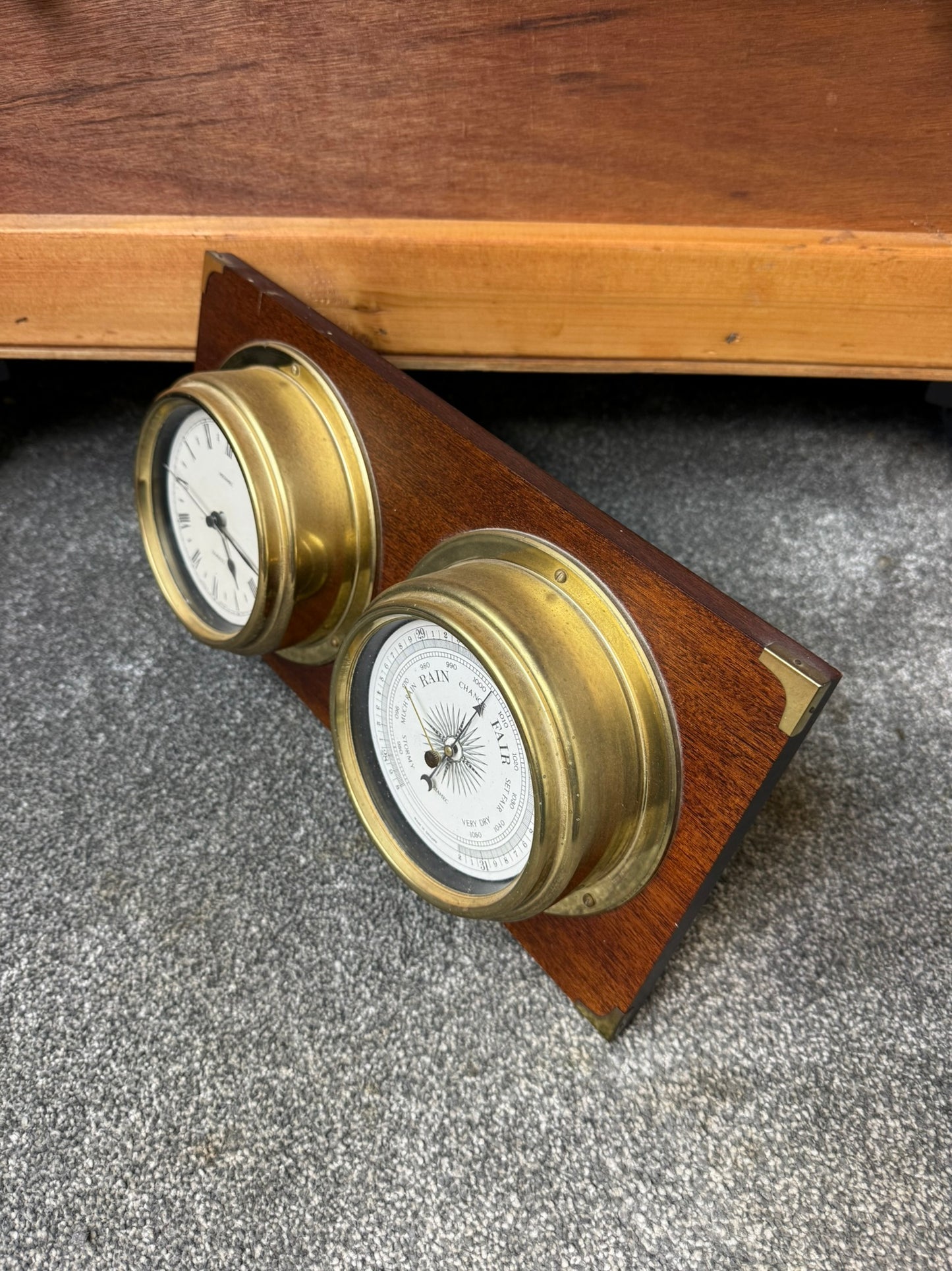 Vintage Metamec Ships Clock and Barometer On Wooden Plinth