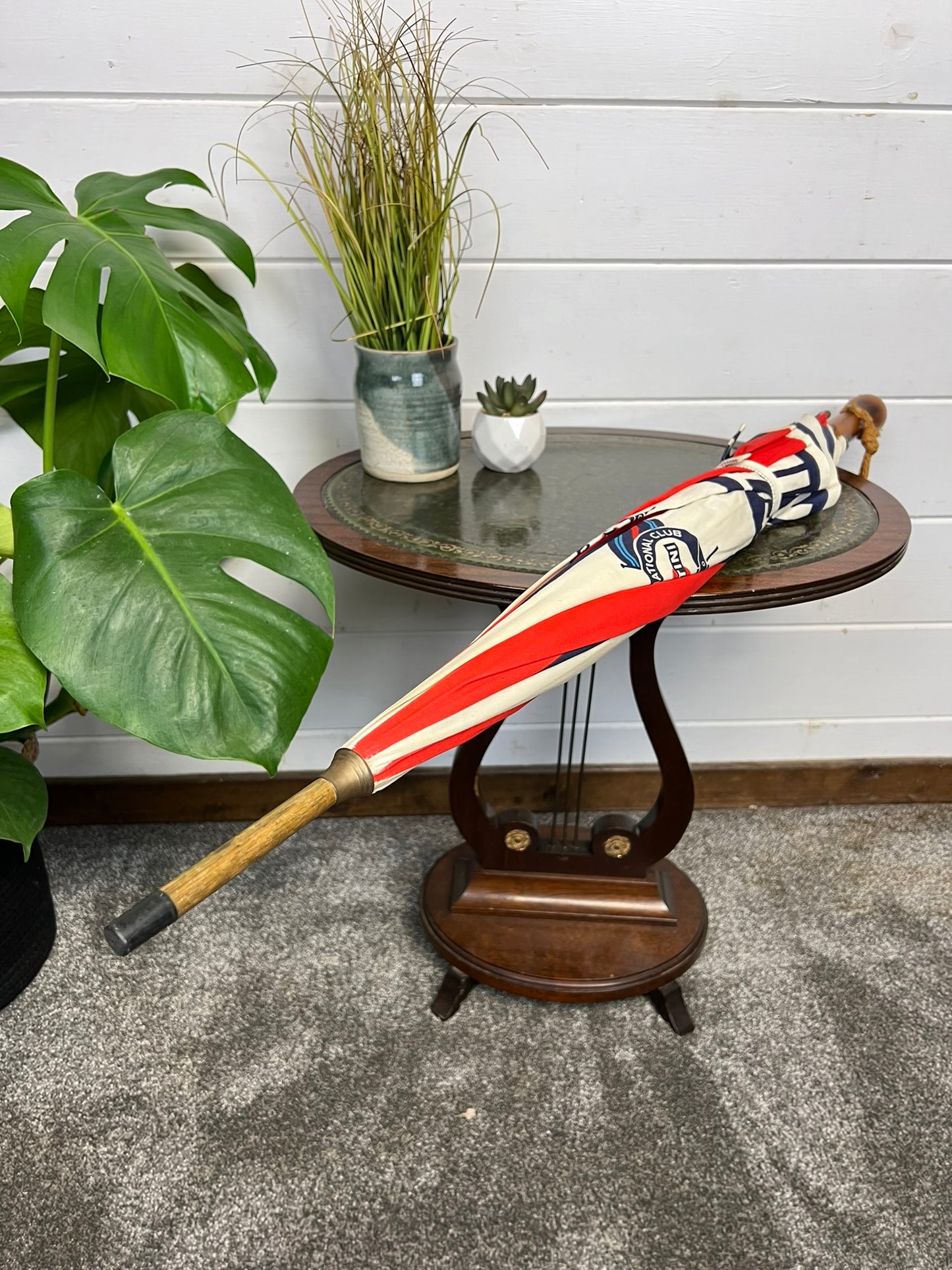 Vintage 70's Porsche Martini Racing Fabric Umbrella Rare Wooden Stick Collectible