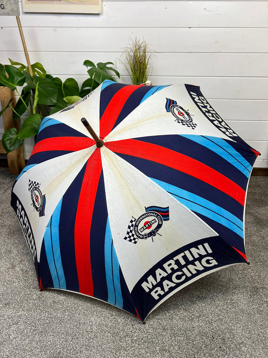 Vintage 70's Porsche Martini Racing Fabric Umbrella Rare Wooden Stick Collectible