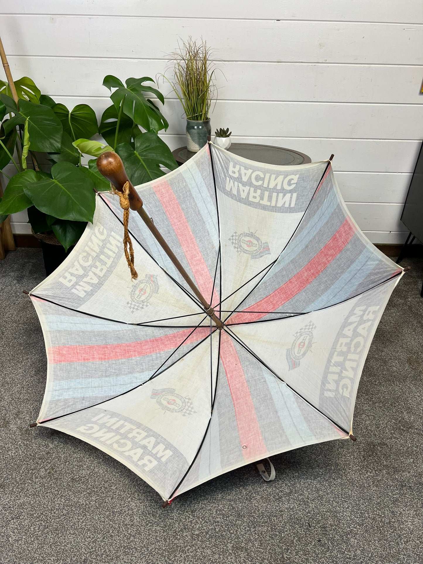 Vintage 70's Porsche Martini Racing Fabric Umbrella Rare Wooden Stick Collectible