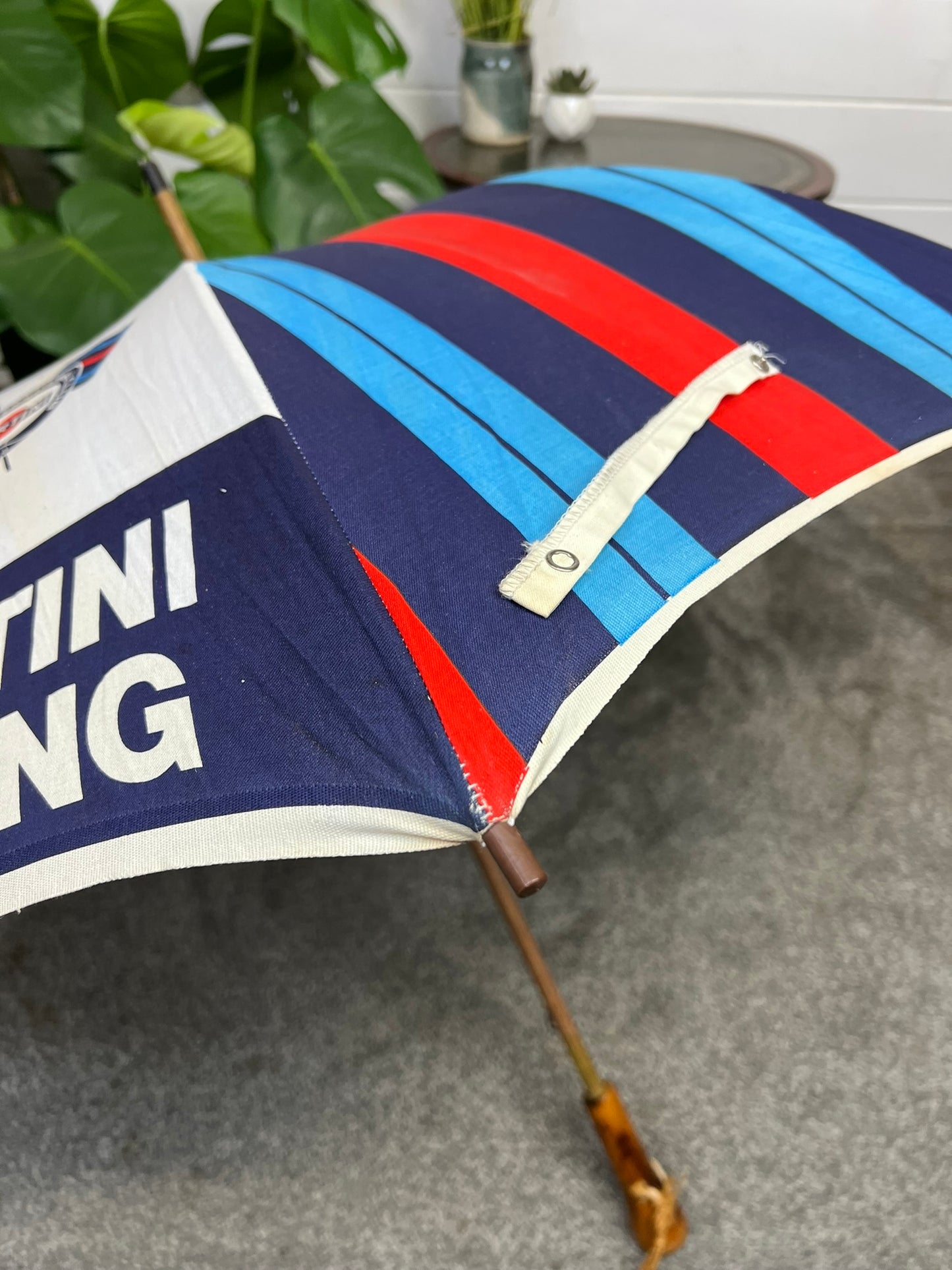 Vintage 70's Porsche Martini Racing Fabric Umbrella Rare Wooden Stick Collectible