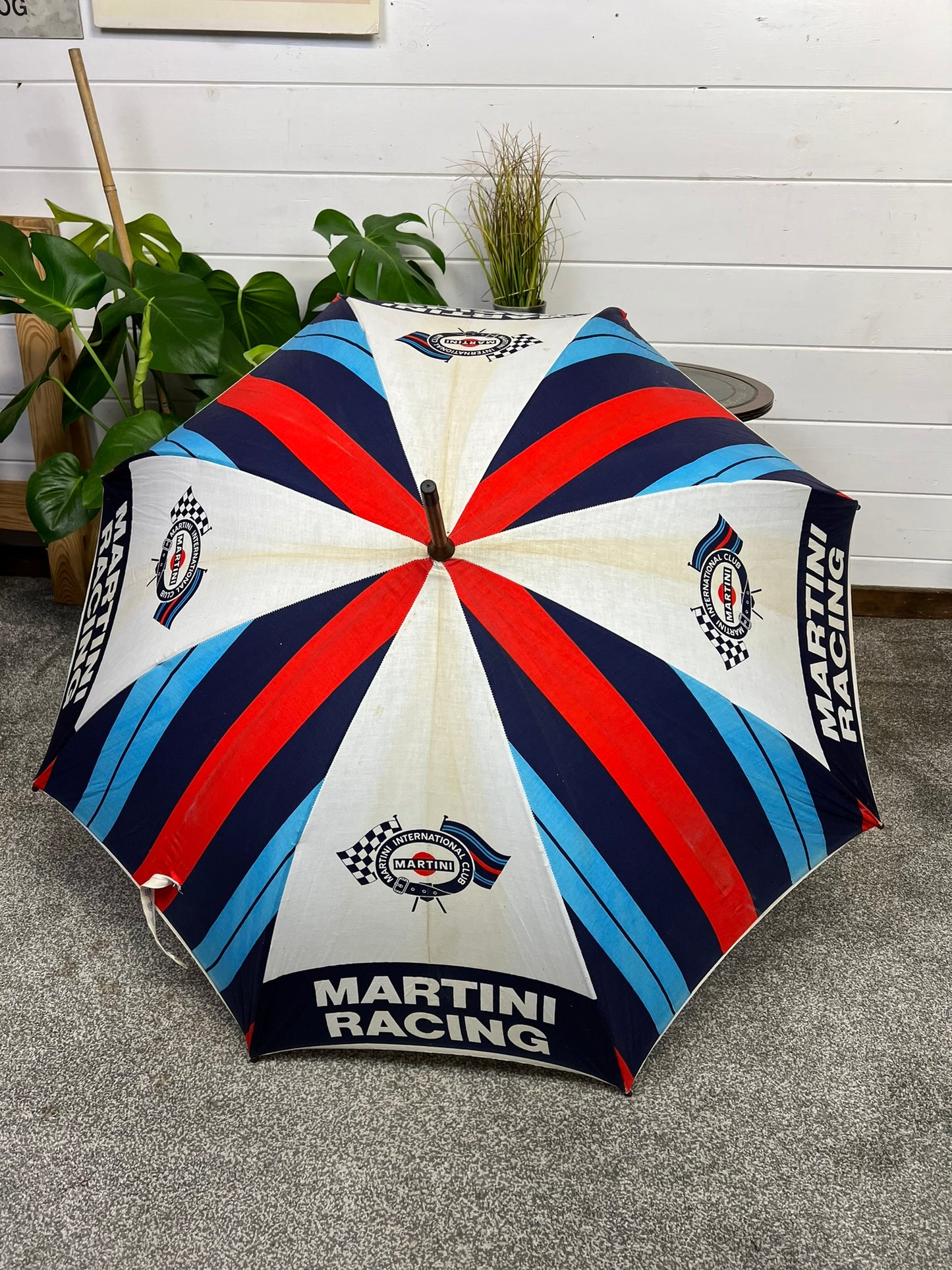 Vintage 70's Porsche Martini Racing Fabric Umbrella Rare Wooden Stick Collectible