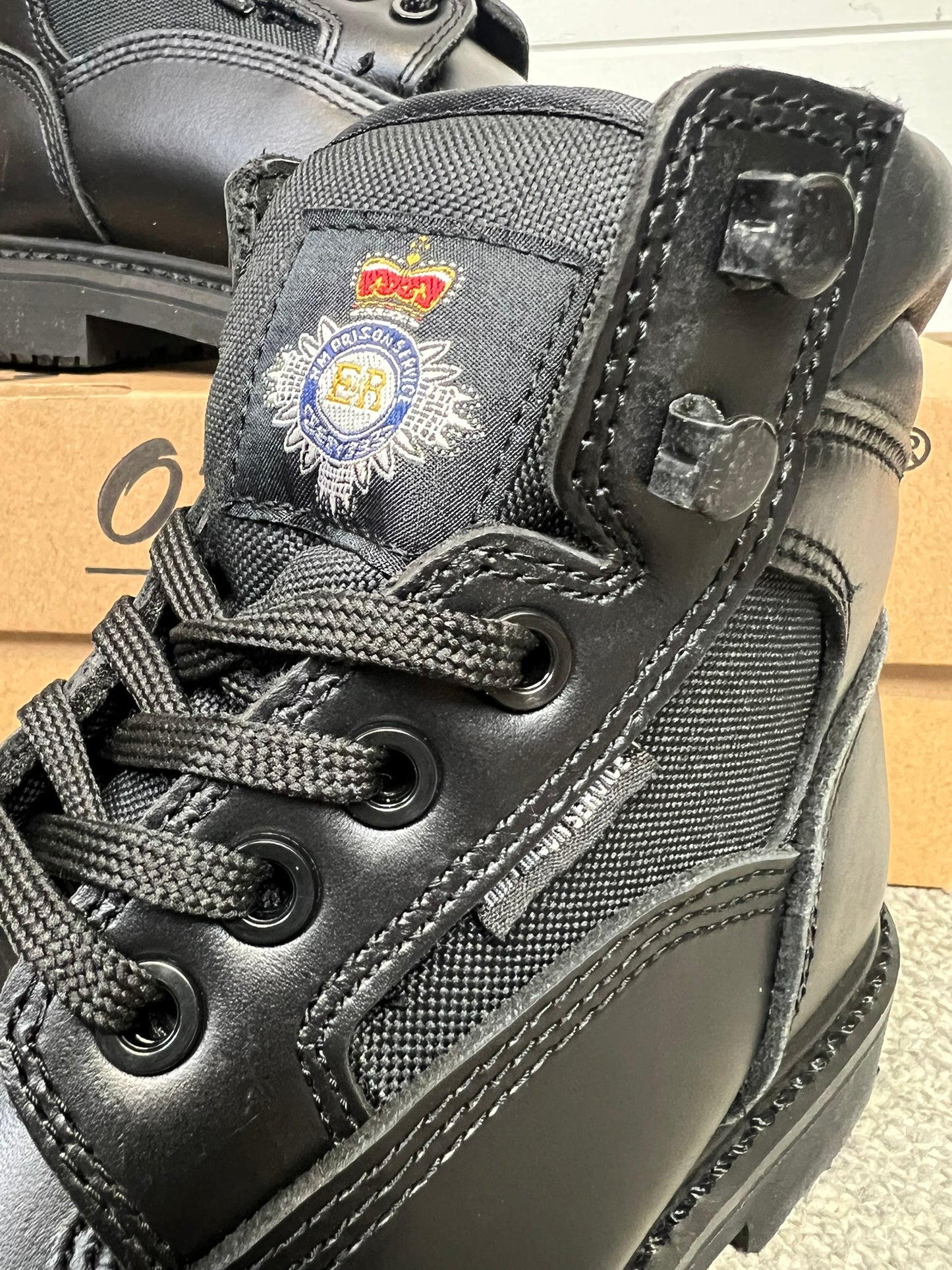 HM Prison Service Black Uniform Boots UK Size 2.5 With HMP Badge - New In Box