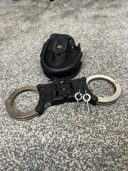 Ex Police Genuine Hiatt Folding Hinged Handcuffs 2x Keys & Pouch Security Collectible Memorabilia Restraint