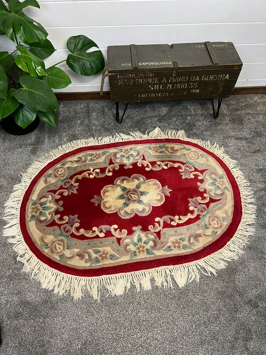 Vintage Chinese Handmade Oval Wool Rug 120cm x 81cm Country Home Boho Decor