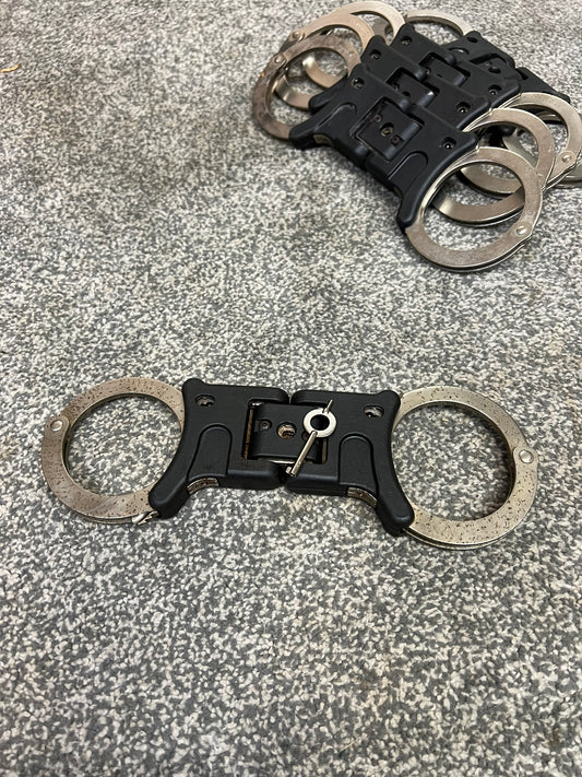 Ex Police Genuine Hiatt Folding Hinged Handcuffs & Key Security Collectible Memorabilia G2