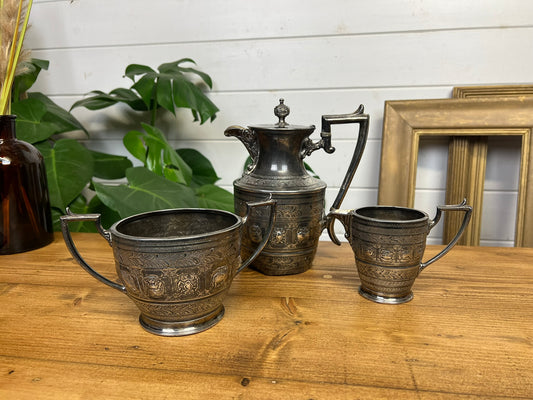 Vintage Silver Plate Jug Pewter & Coffee Pot Decorative Gothic Tableware Decor