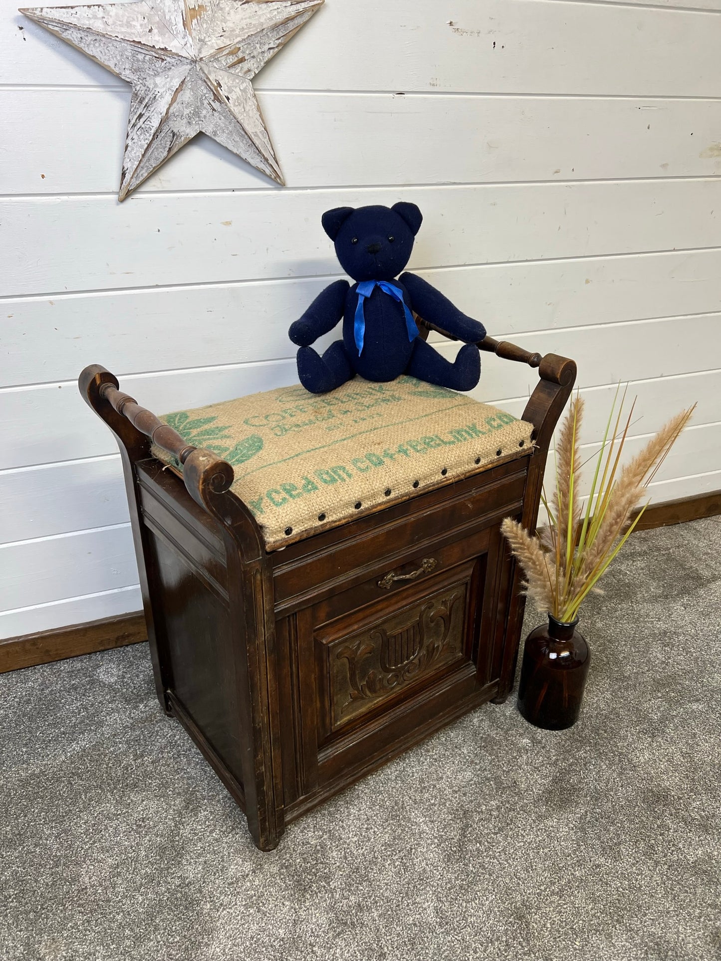 Vintage Antique Mahogany Piano Stool Seat With Storage Upholstered Rustic Home