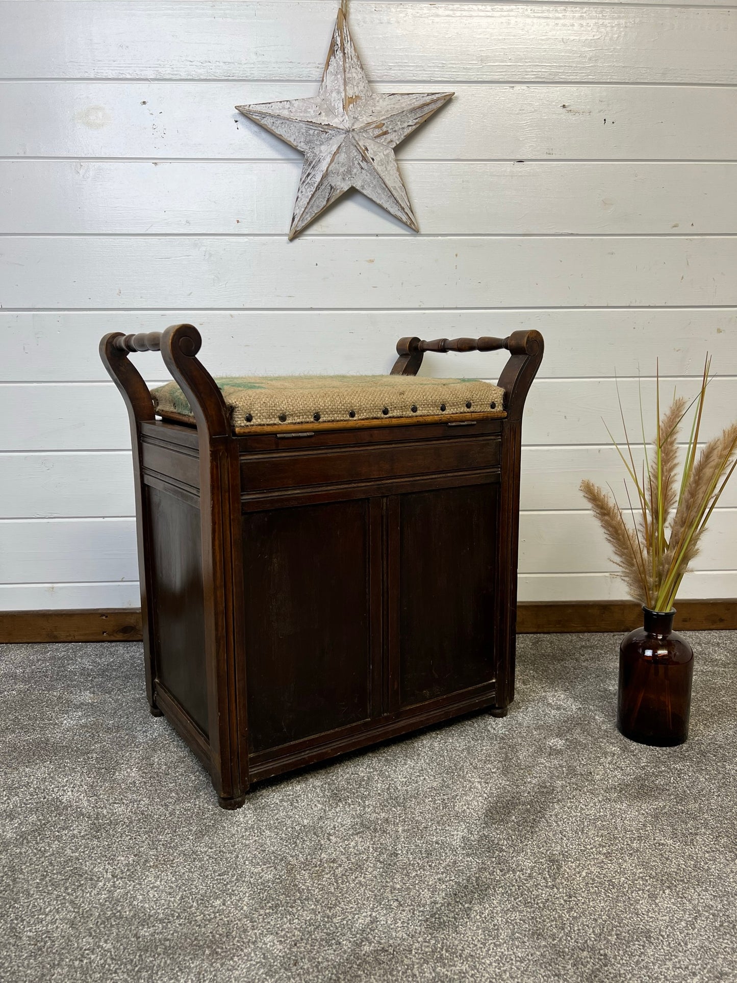 Vintage Antique Mahogany Piano Stool Seat With Storage Upholstered Rustic Home