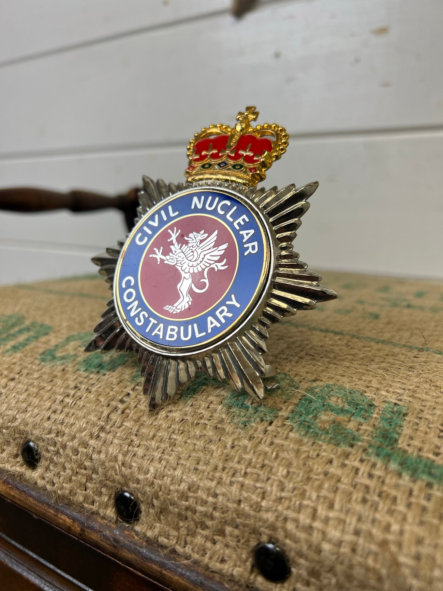 Civil Nuclear Constabulary Rare Obsolete Enamel Bobby Helmet Badge Plate Queens Crown