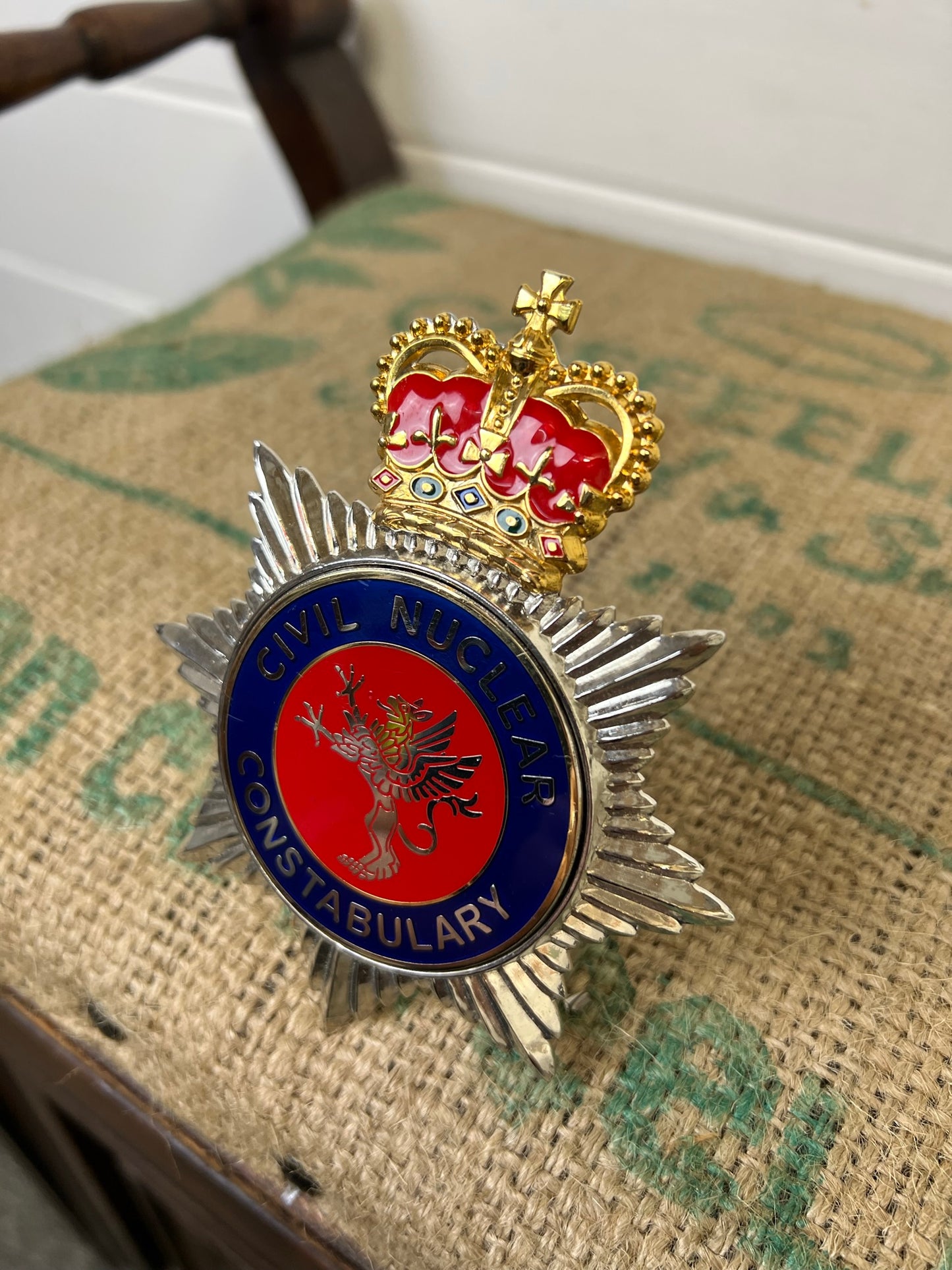 Civil Nuclear Constabulary Rare Obsolete Enamel Bobby Helmet Badge Plate Queens Crown