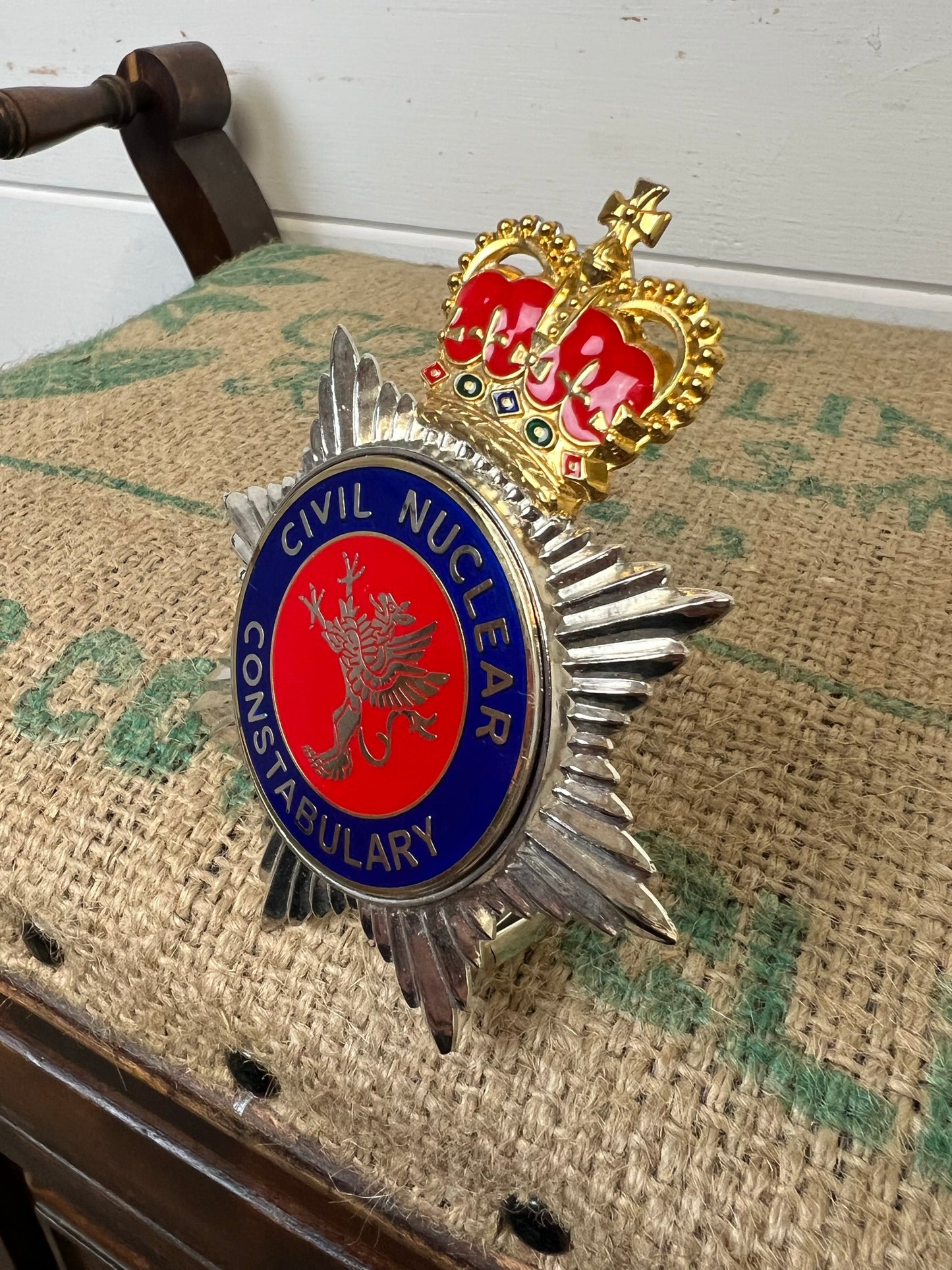 Civil Nuclear Constabulary Rare Obsolete Enamel Bobby Helmet Badge Plate Queens Crown