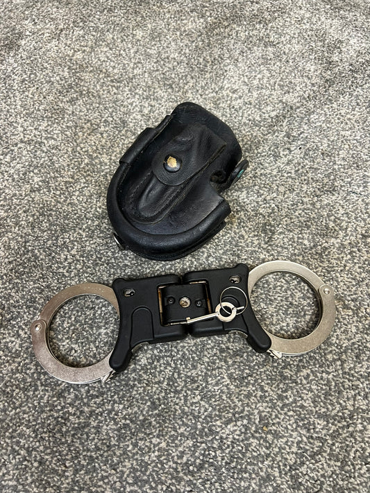 Police Handcuffs Folding Hiatt Genuine Cuffs With Key & Pouch Security Collectible Memorabilia Restraint