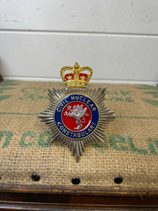 Civil Nuclear Constabulary Obsolete Enamel Bobby Helmet Badge Plate Queens Crown