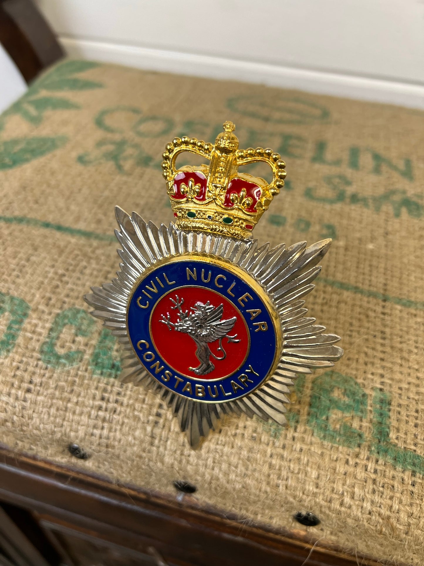 Civil Nuclear Constabulary Obsolete Enamel Bobby Helmet Badge Plate Queens Crown