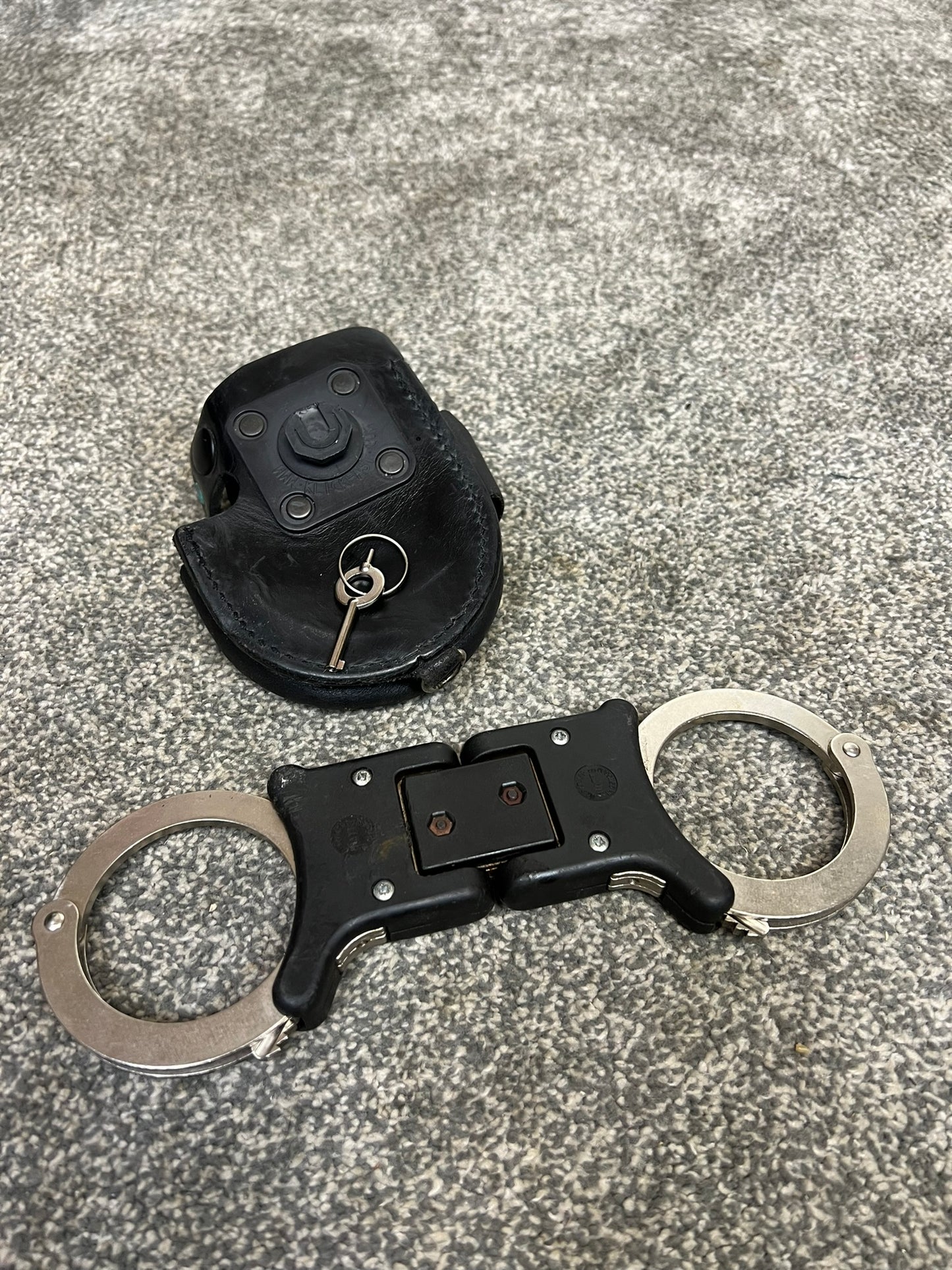 Police Handcuffs Folding Hiatt Genuine Cuffs With Key & Pouch Security Collectible Memorabilia Restraint