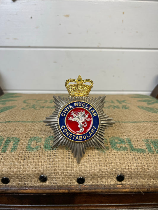 Civil Nuclear Constabulary Obsolete Enamel Bobby Helmet Badge Plate Rare Gold Queens Crown