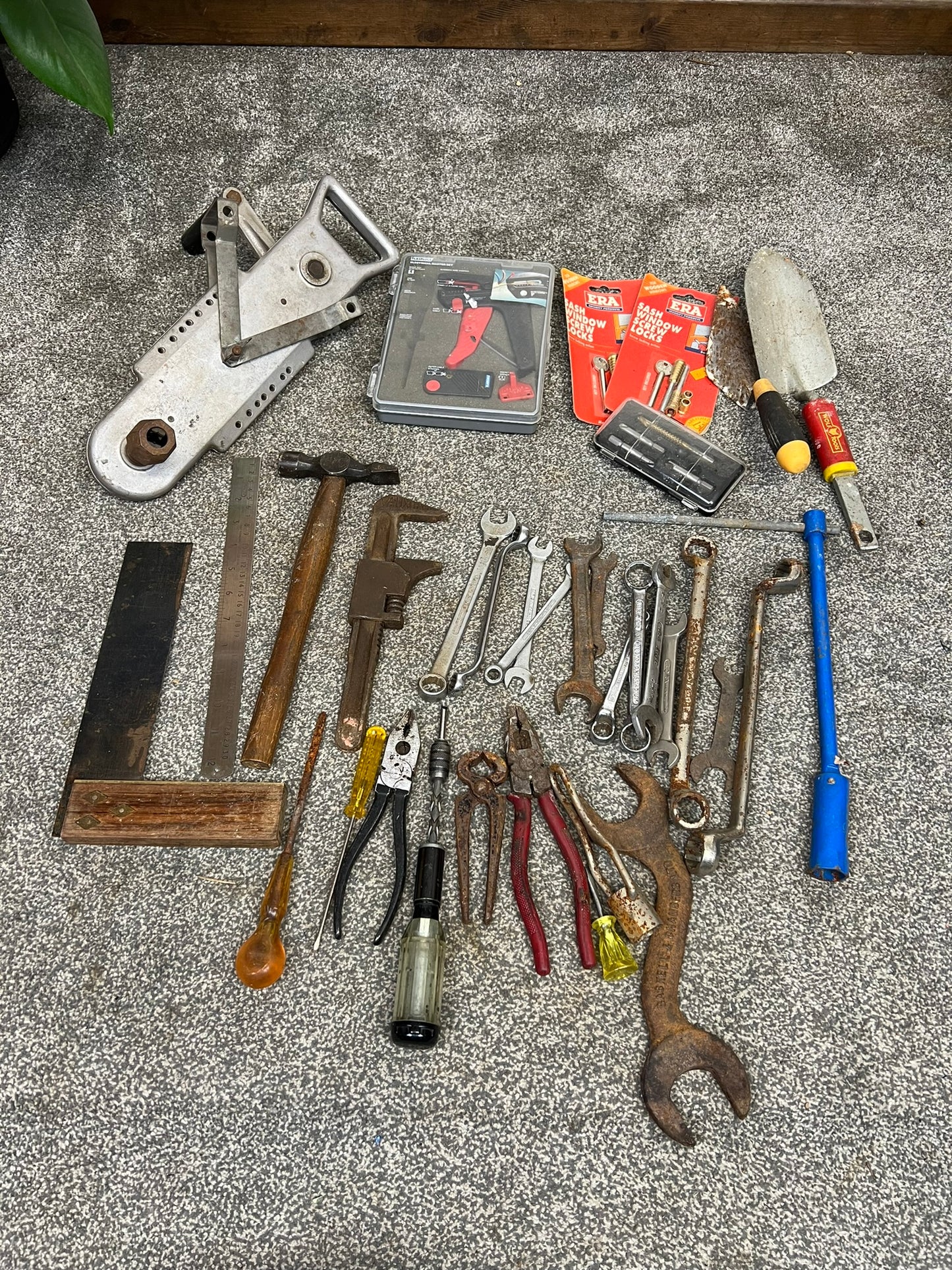 Job Lot of Old Garage Tools Vintage Rustic Spanners Hand Drill Screwdrivers etc.